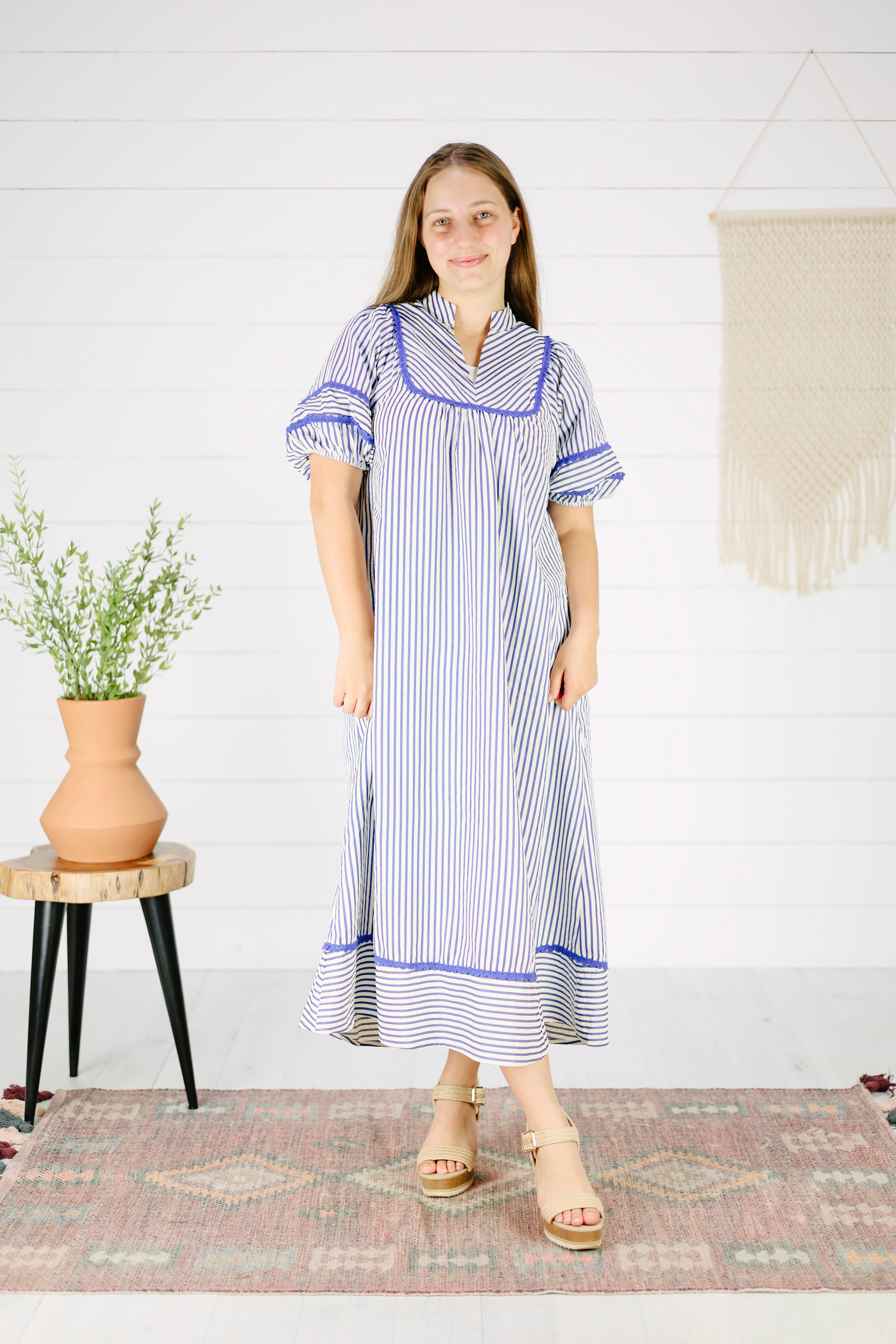 Vanessa Stripe Midi Dress- Blue, Summer Half Sleeve Dress, Modest