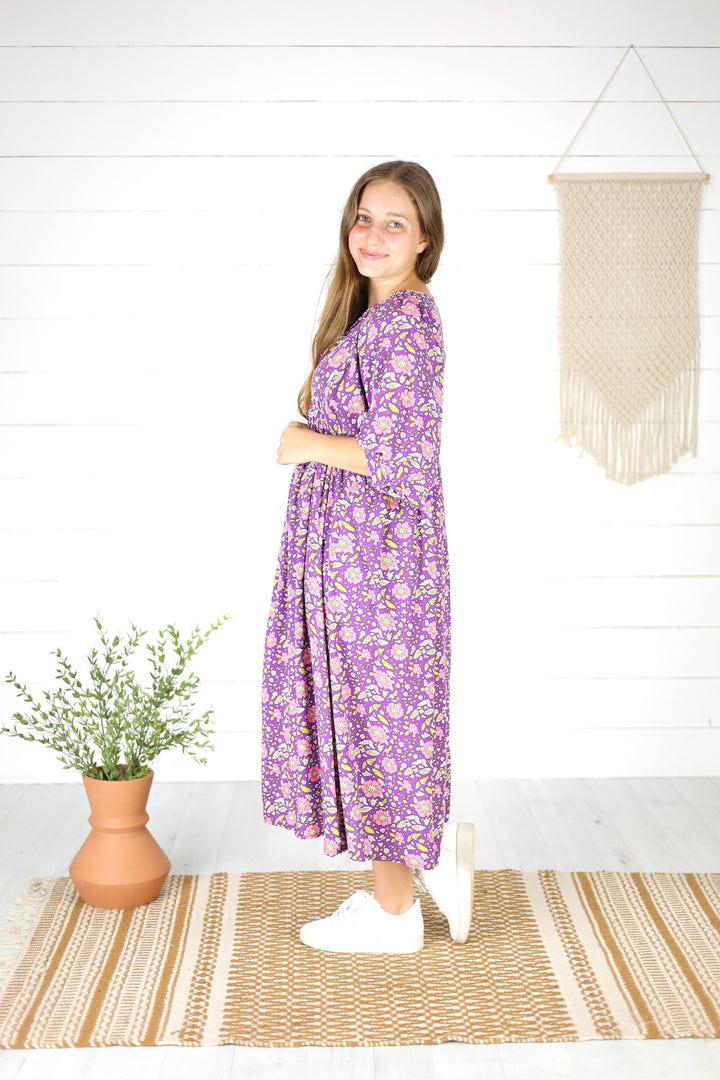Kayleigh Floral Midi Dress-Purple