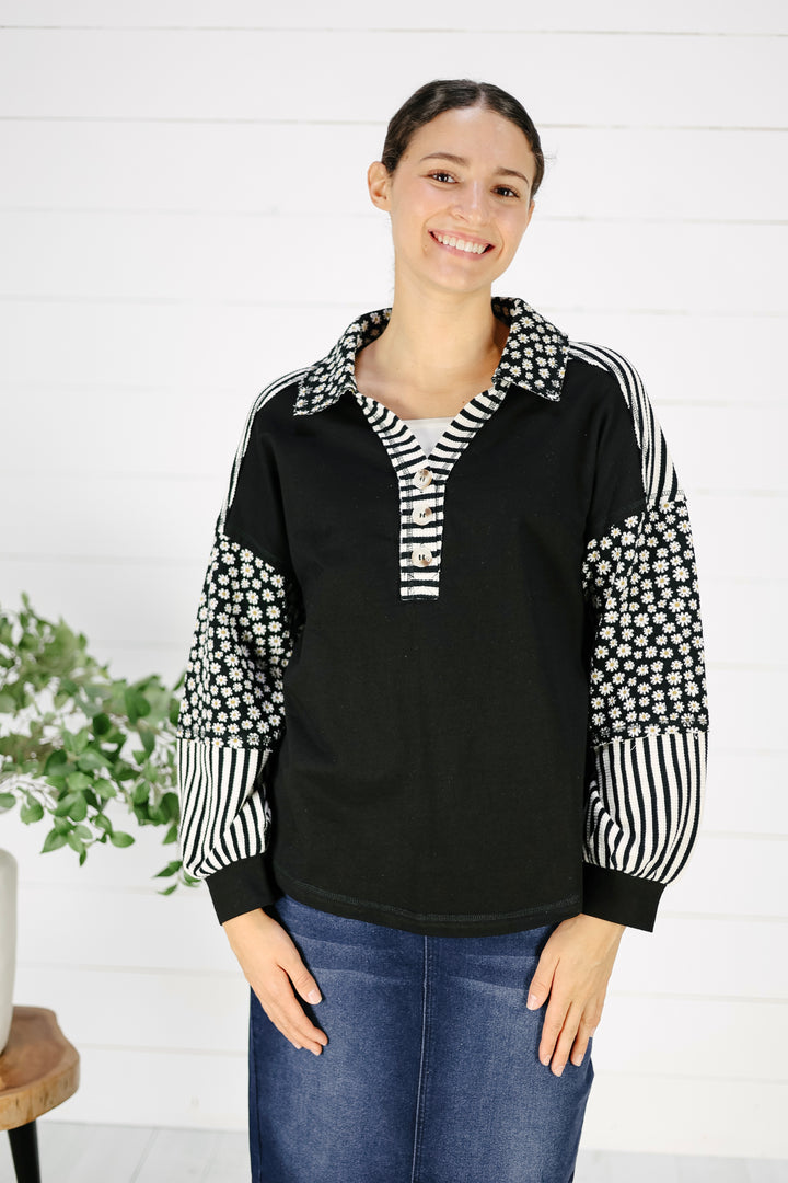 Gemma Mixed Print Top - Black
