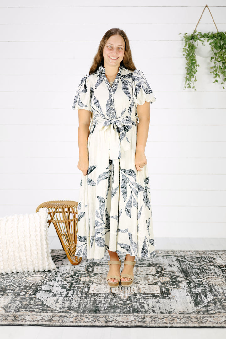 Aurora Leaf Print Midi Dress-Ivory