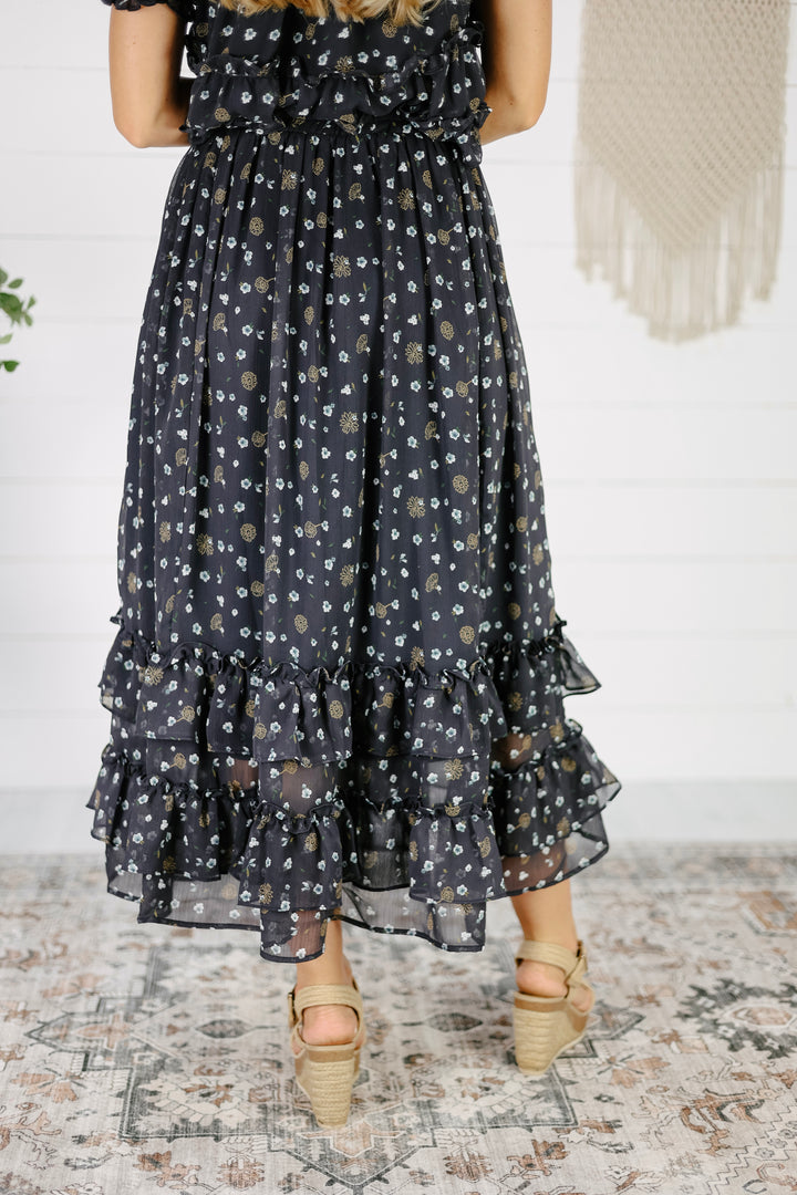 Leona Floral Midi Skirt- Navy