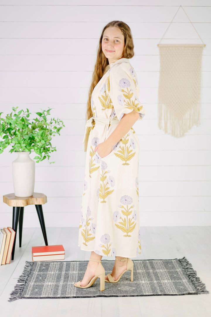 Margaret Floral Midi Dress- Cream