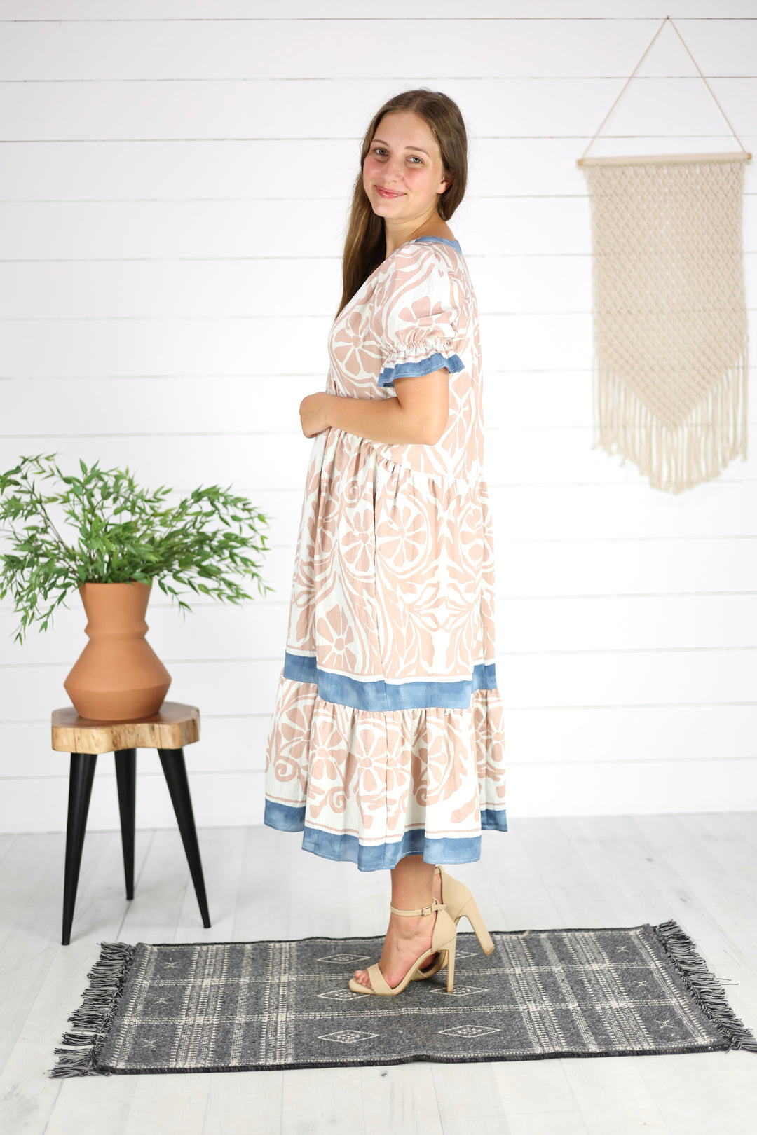 Reyna Printed Midi Dress- Blush