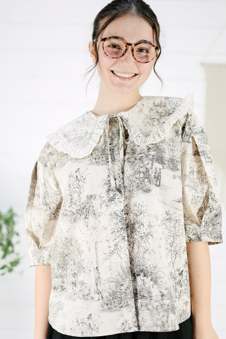 Lucie Lace Trimmed Blouse - Gray