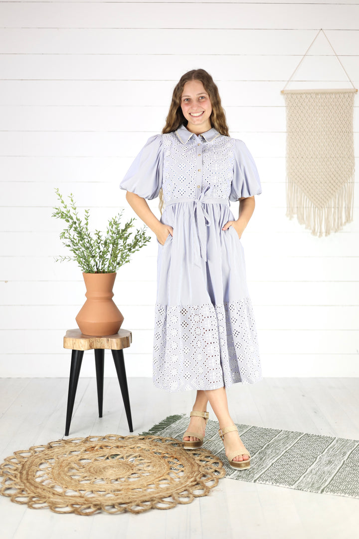 Holland Embroidered Midi Dress- Blue