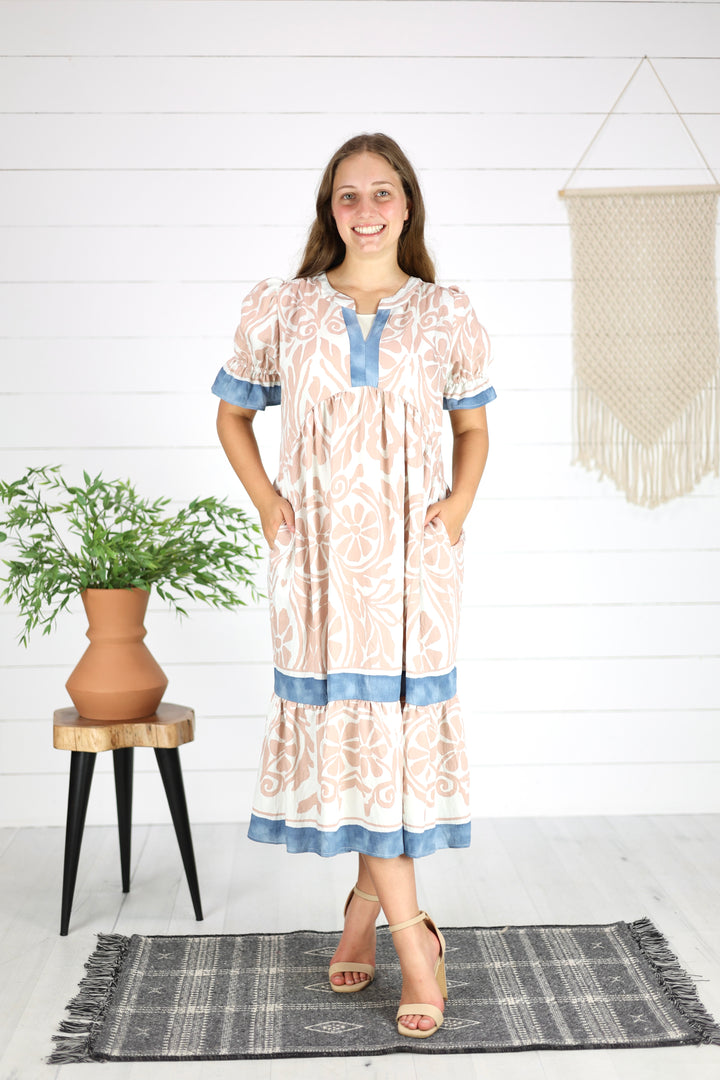 Reyna Printed Midi Dress- Blush