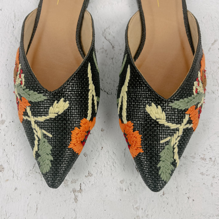 Marcel Floral Embroidered Mules- Black