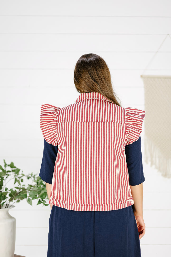 Kendra Ruffle Denim Vest- Red