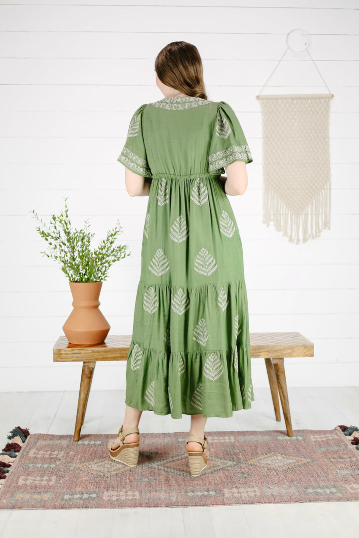 Maxine Embroidered Maxi Dress- Olive