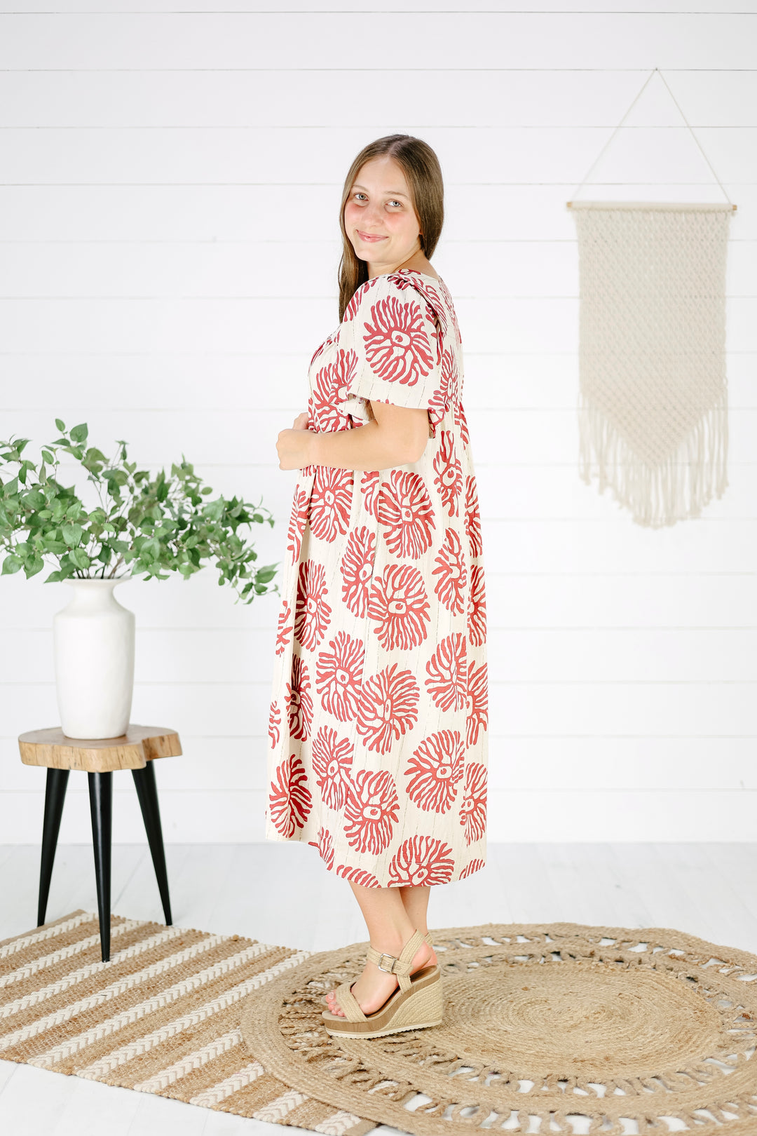 Abbey Print Midi Dress- Red