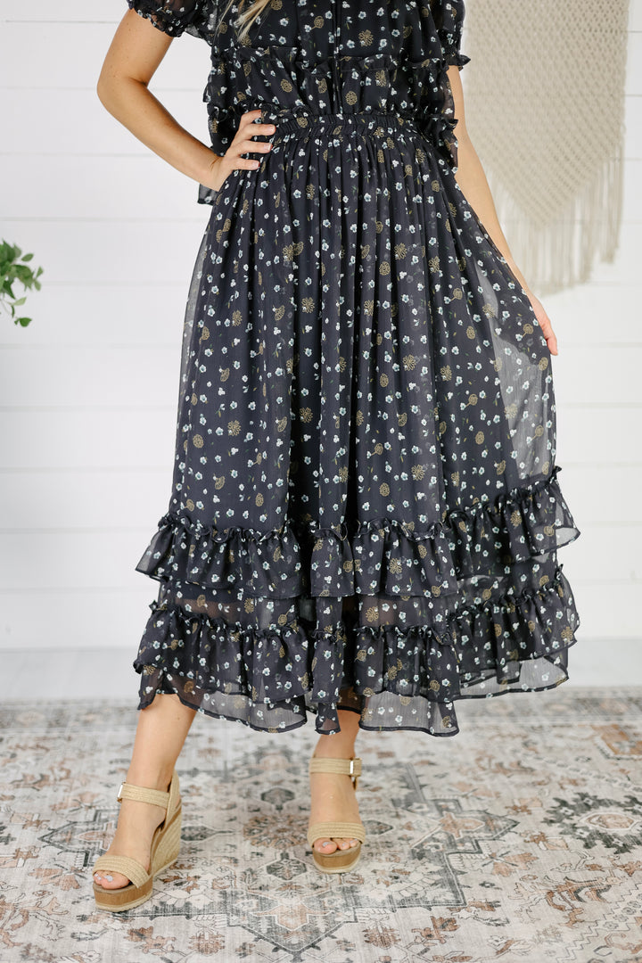 Leona Floral Midi Skirt- Navy