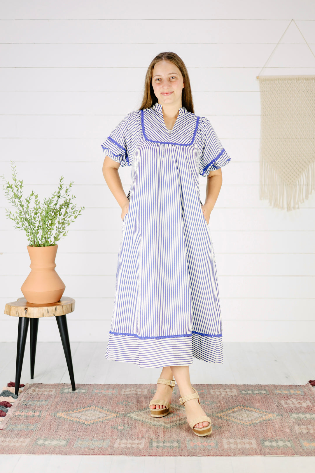 Vanessa Stripe Midi Dress- Blue, Summer Half Sleeve Dress, Modest Dress, Beach Dress Medium / Blue Vanessa Stripe Midi Dress- Blue, Summer Half Sleeve Dress, Modest Dress, Beach Dress Medium / Blue