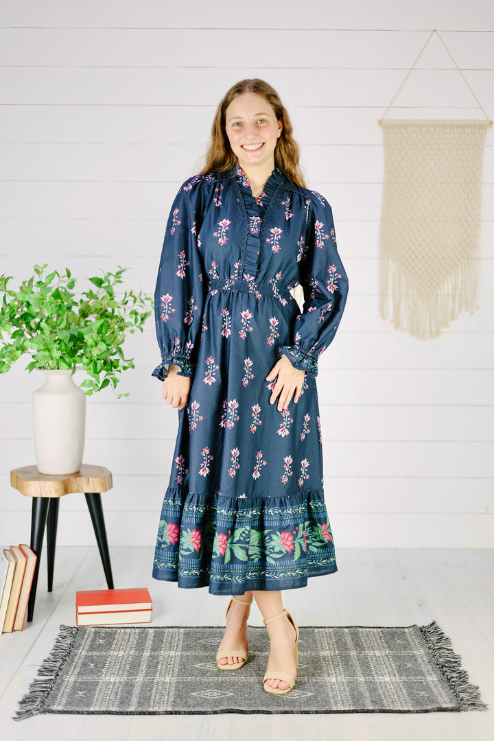 Jocelynn Ruffle Trim Midi Dress- Navy