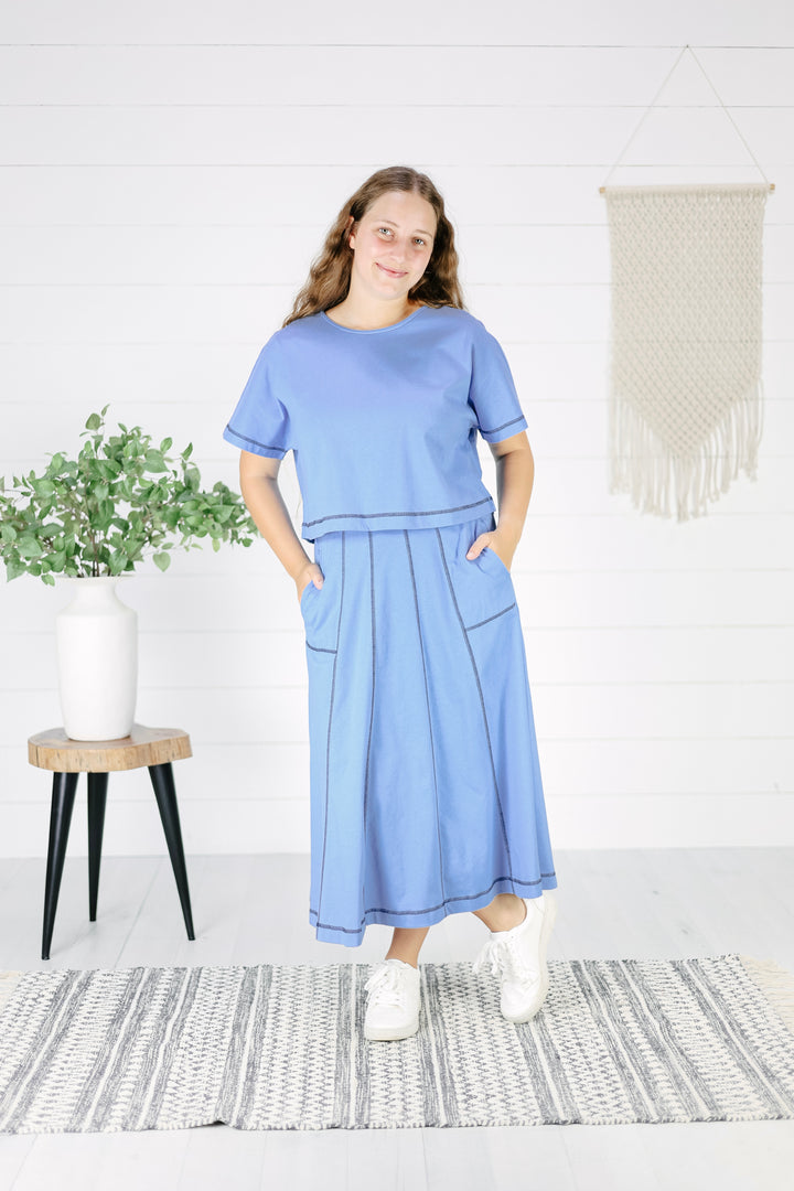 Calleigh Stitch Detail Skirt- Blue