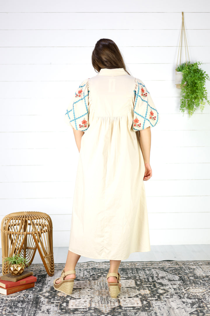 Ellory Embroidered Midi Dress- Cream