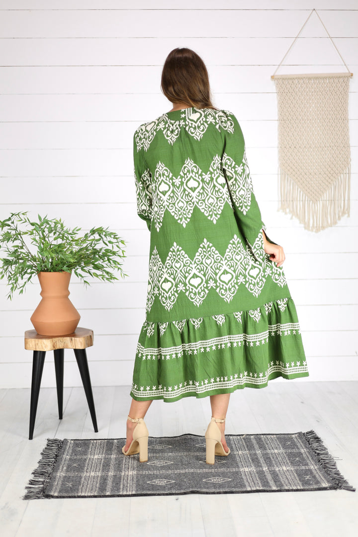 Molly Print Midi Dress- Olive