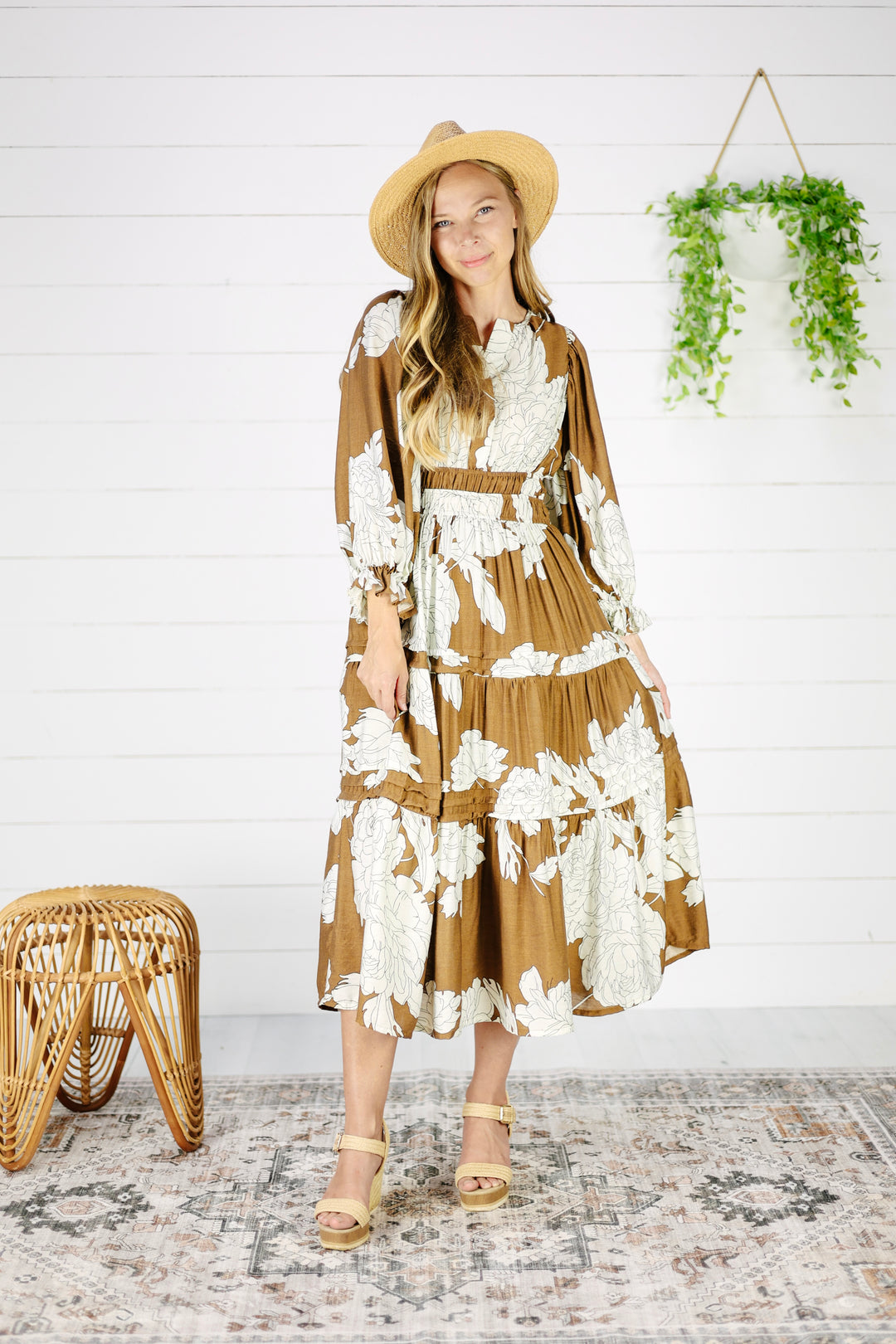 Emery Floral Tiered Dress- Mocha, Modest Fall Dress, Nursing Friendly Dress Medium / Mocha