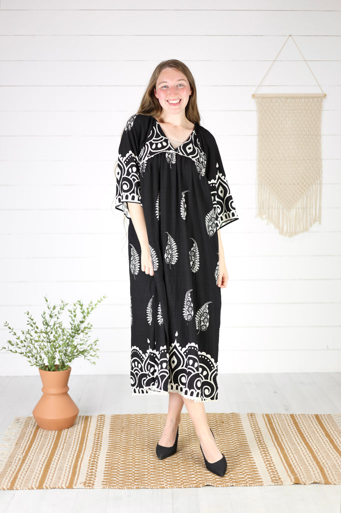 Gwen Paisley Midi Dress-Black, Loose Fit Modest Long Dress