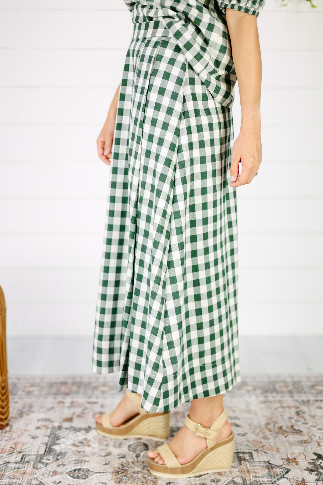 Hepburn Gingham Checkered Midi Skirt-Green