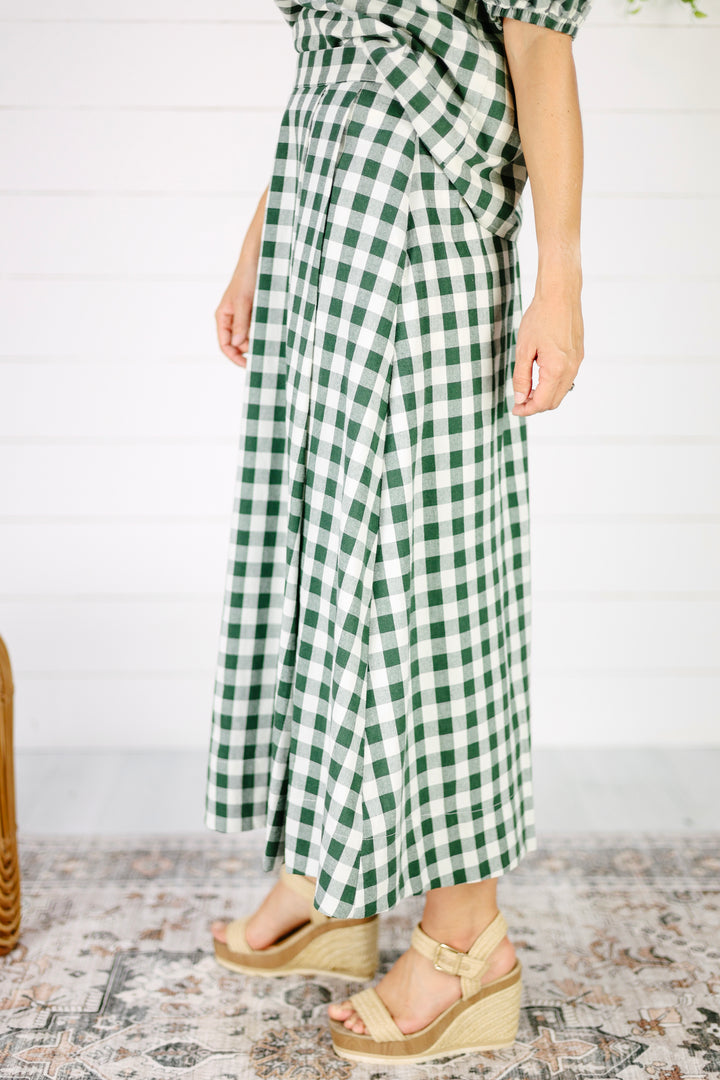 Hepburn Gingham Checkered Midi Skirt-Green