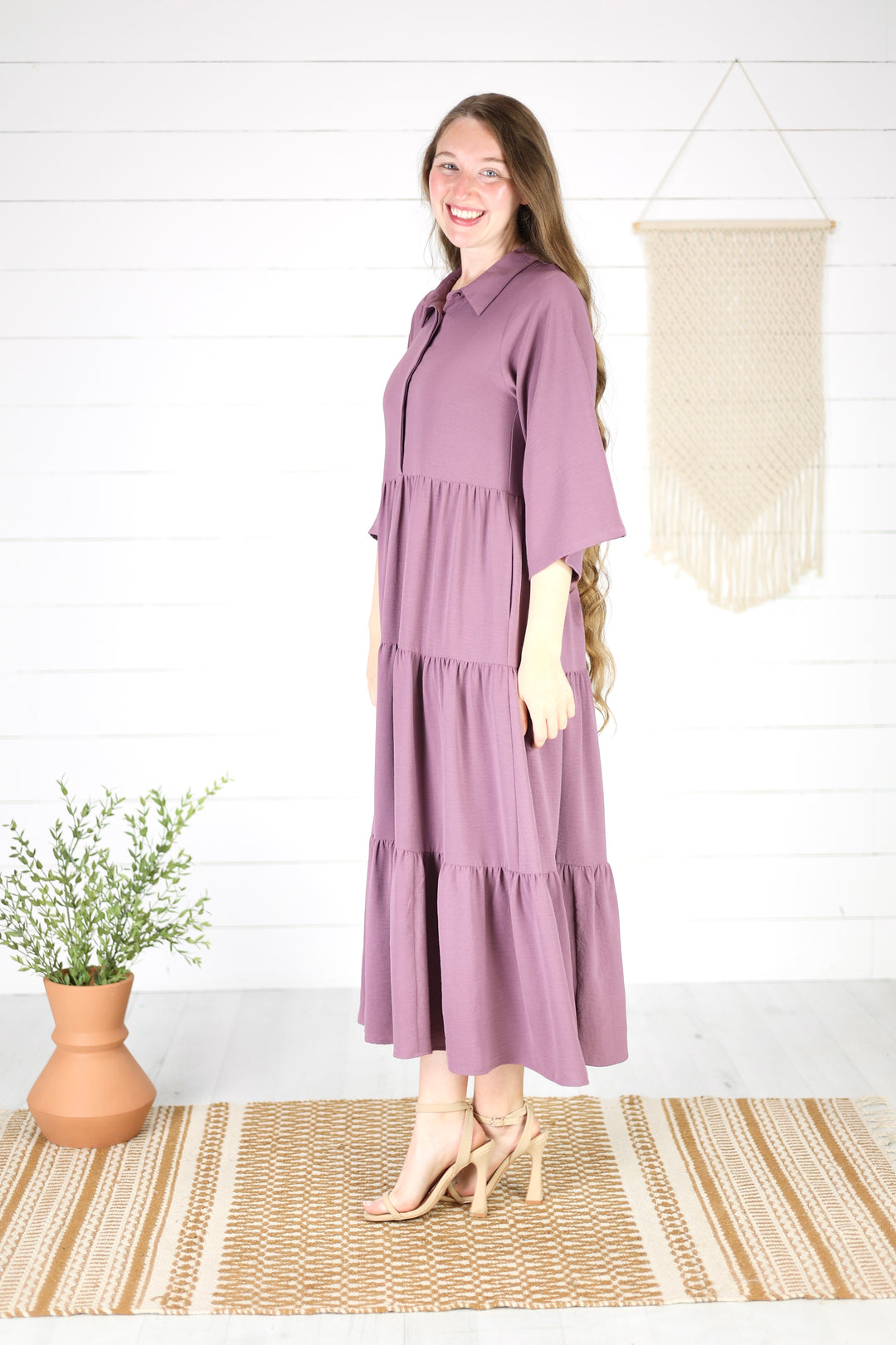 purple flowy dress Frankie Rose Midi Dress- Purple, Modest Dress, Nursing Friendly, Baby Bump Friendly Dress, Church Dress Medium / Purple