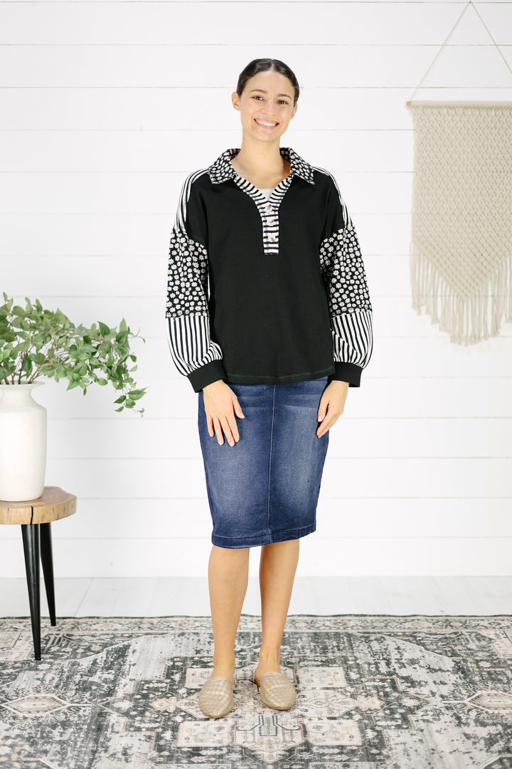 Gemma Mixed Print Top - Black