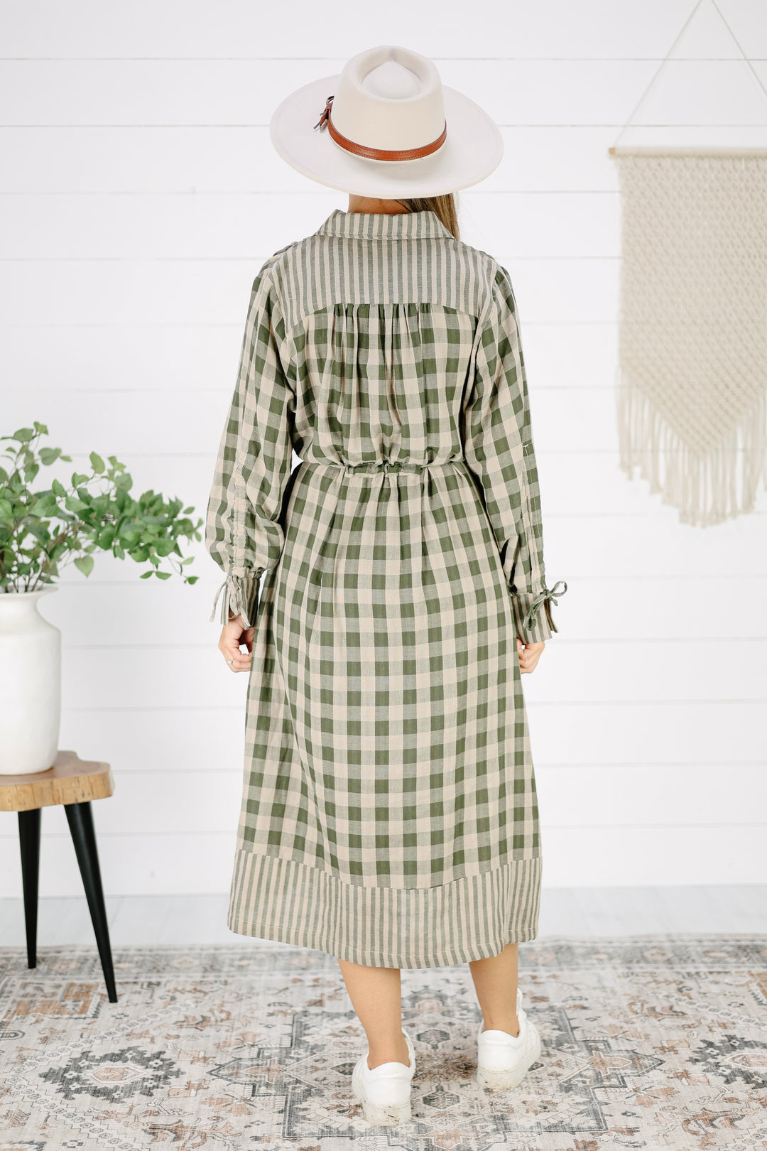 Retton Plaid Midi Dress- Olive