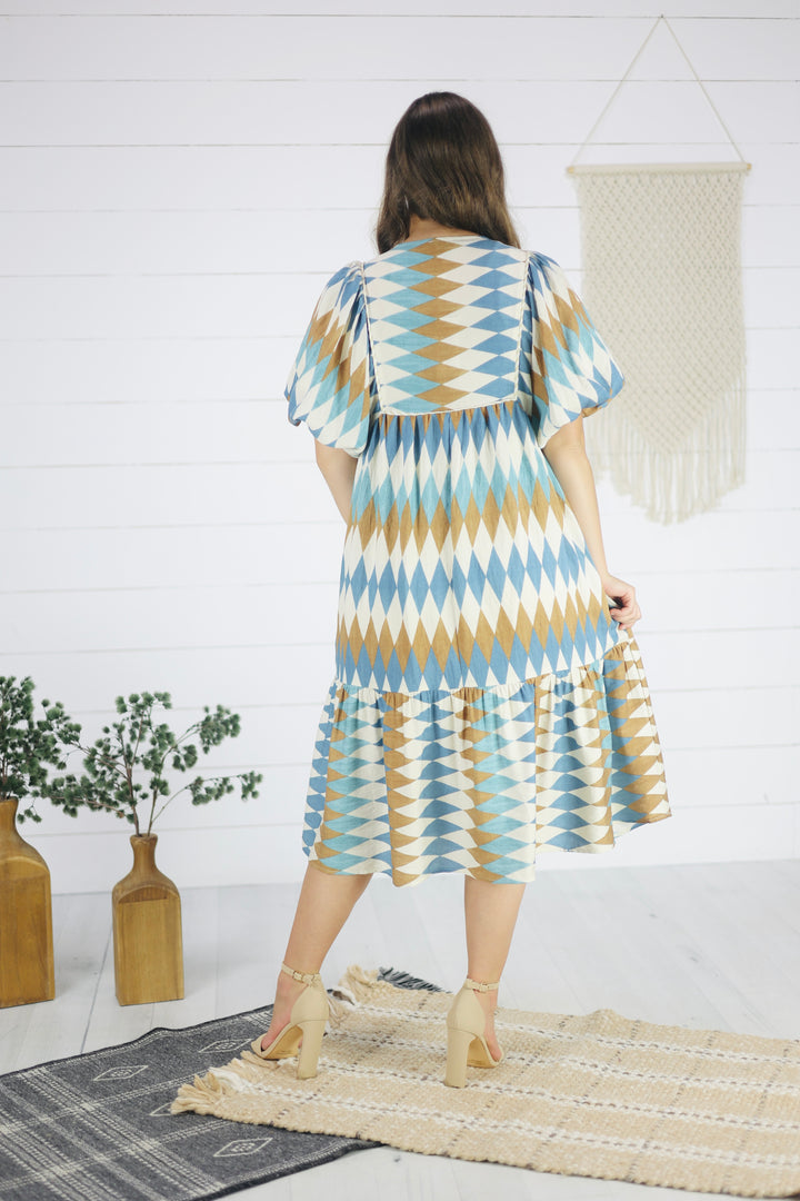 Emmi Diamond Print Midi Dress-Blue