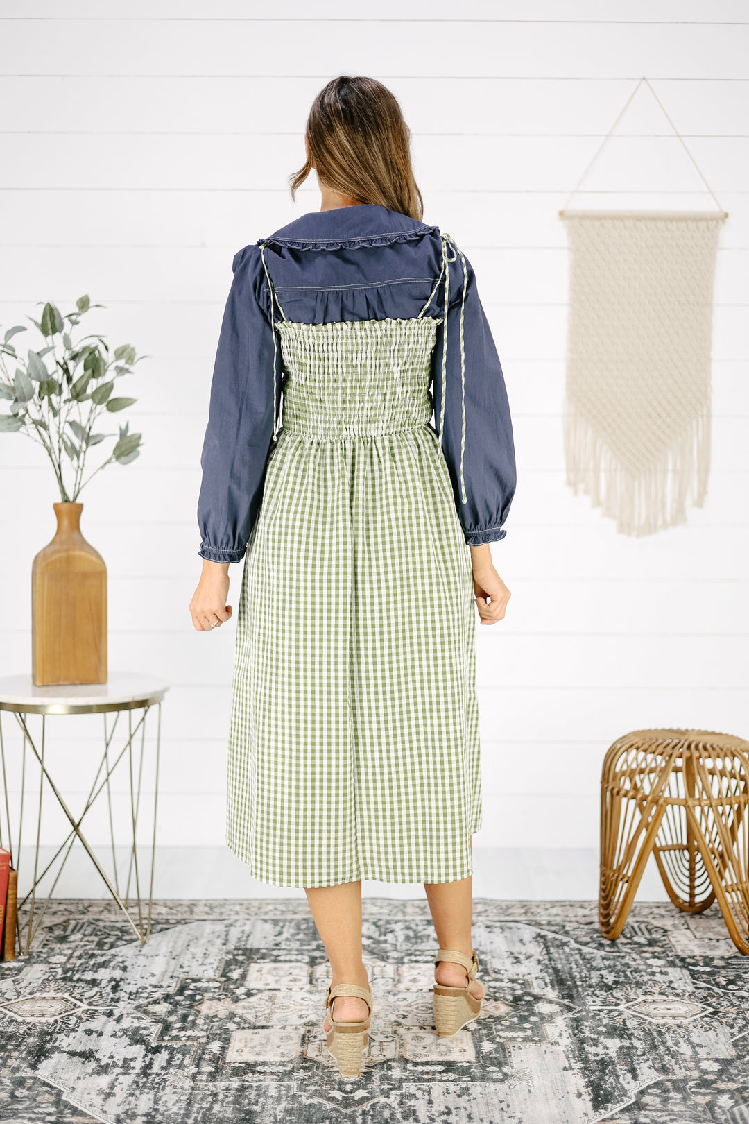 Jackie Gingham Midi Dress- Olive