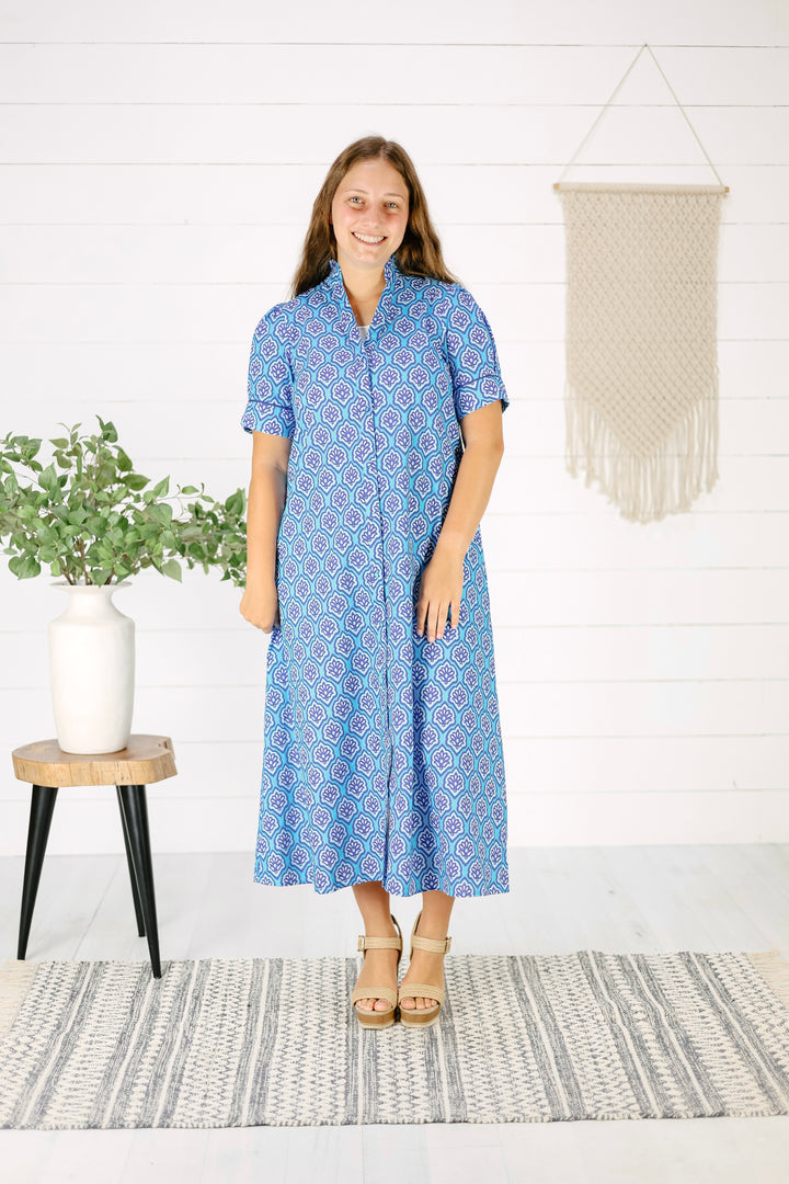 Kris Button Down Midi Dress-Sapphire