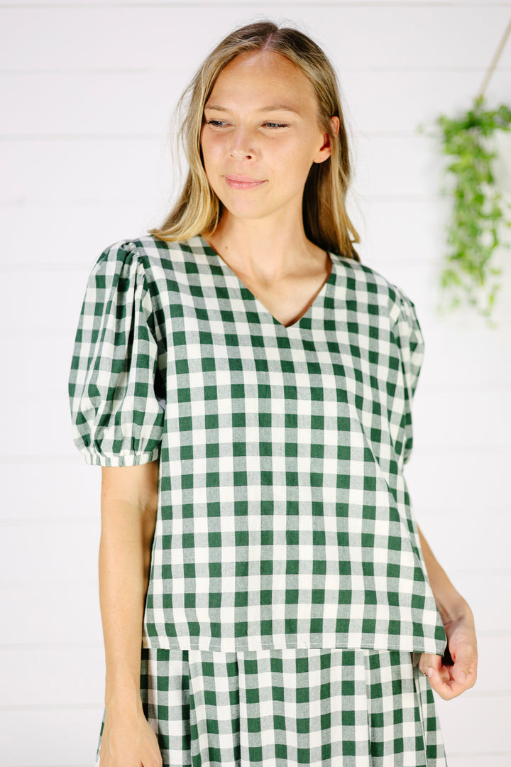 Henning Gingham Checkered Top-Green