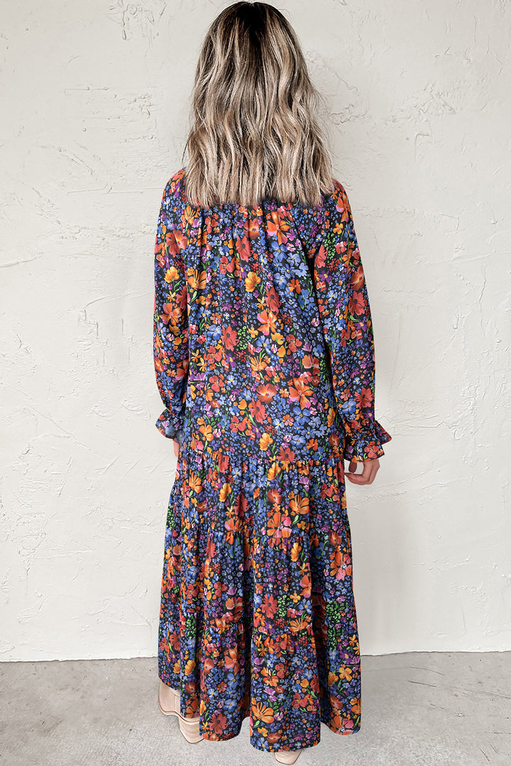 Blue Floral Print Tassel Tie V Neck Long Sleeve Flowy Maxi Dress