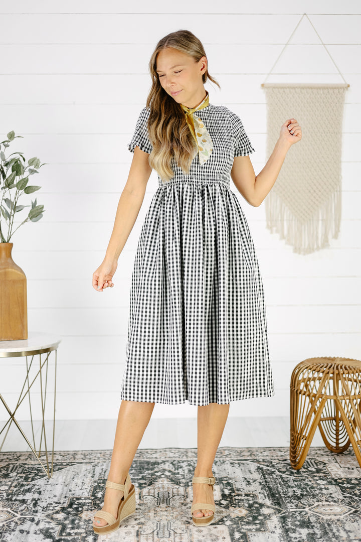 Boyce Gingham Midi Dress- Black