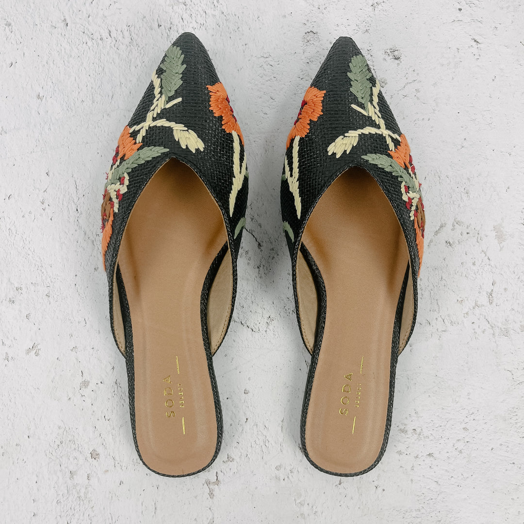 Marcel Floral Embroidered Mules- Black