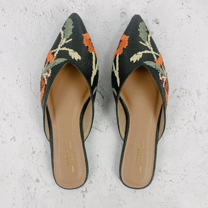 Marcel Floral Embroidered Mules- Black