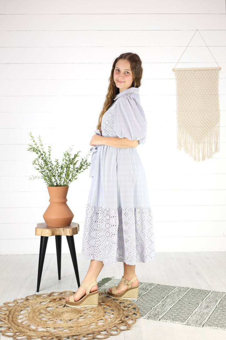 Holland Embroidered Midi Dress- Blue