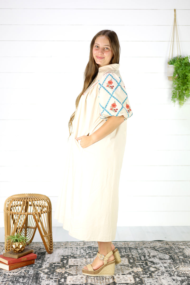 Ellory Embroidered Midi Dress- Cream