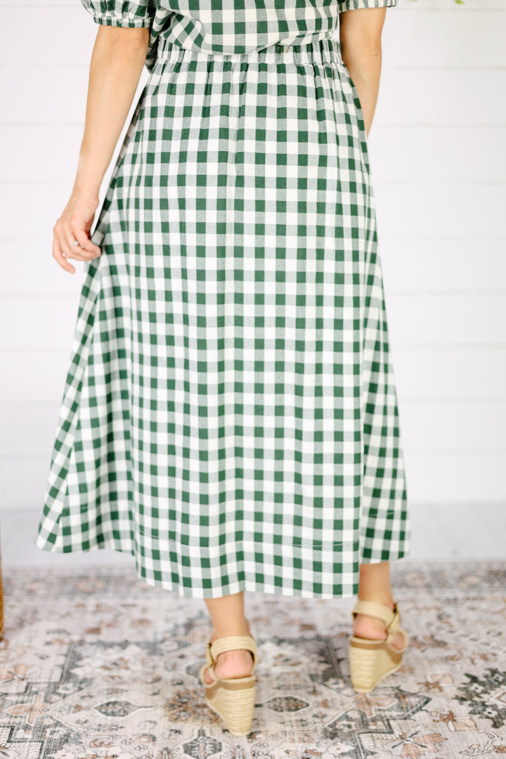 Hepburn Gingham Checkered Midi Skirt-Green