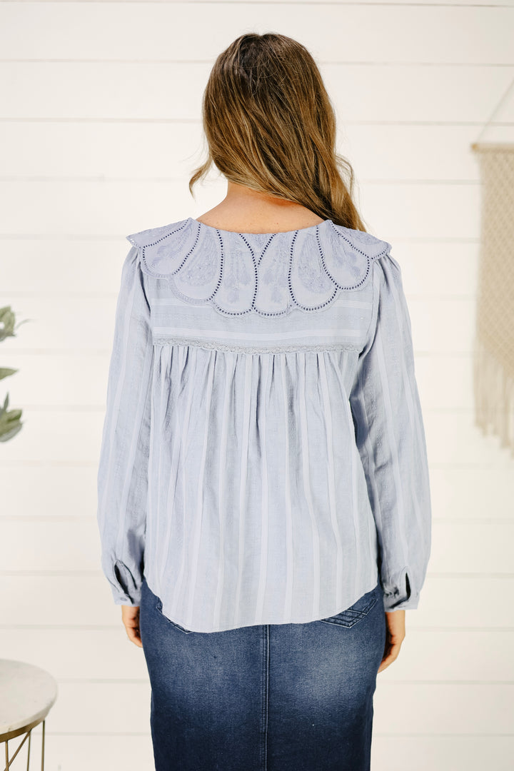 Bellamy Scalloped Collar Blouse- Slate Blue