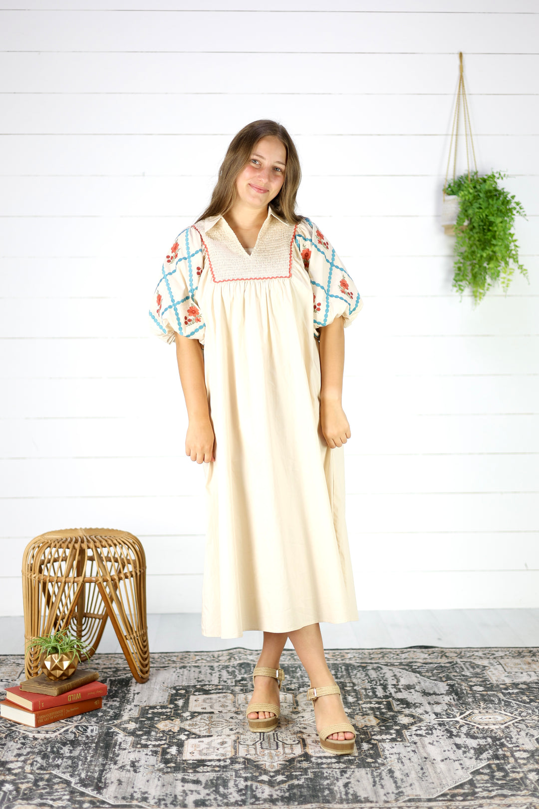 Ellory Embroidered Midi Dress- Cream