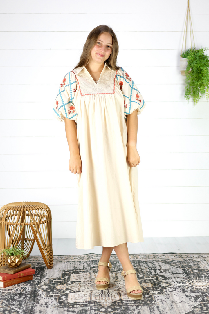 Ellory Embroidered Midi Dress- Cream
