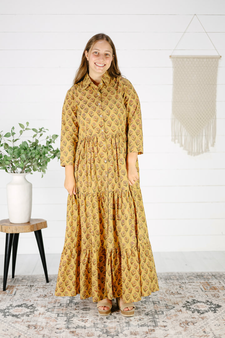 Wakely Hand Screen Printed Maxi Dress- Mustard