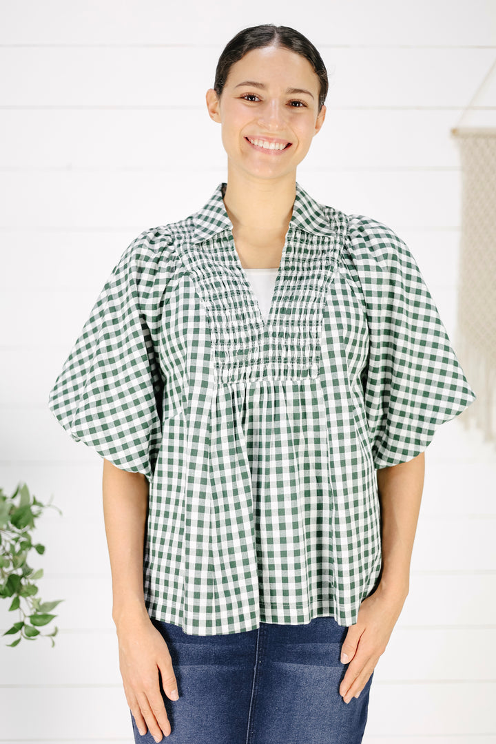 Saylor Smocked Top - Hunter Green