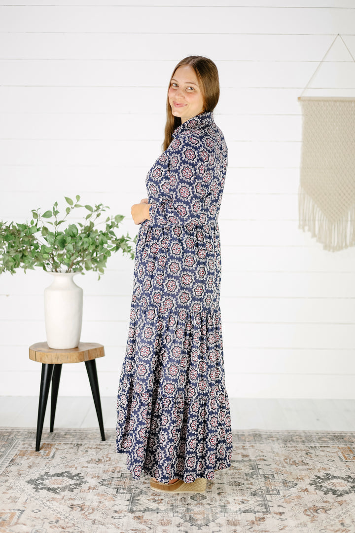 Jensen Hand Screen Printed Maxi Dress- Navy