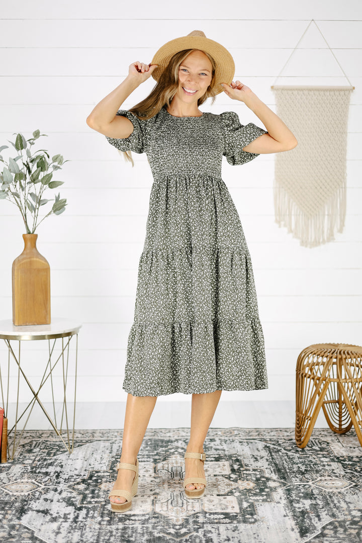 Elly Smocked Midi Dress- Olive