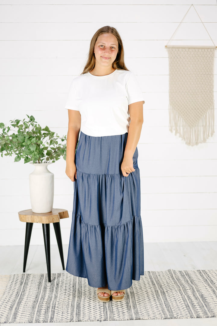 Leah Tiered Maxi Skirt-Denim