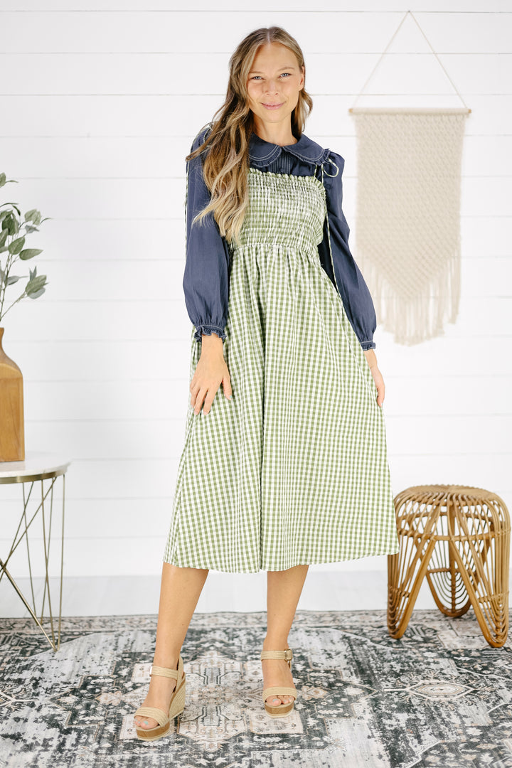 Jackie Gingham Midi Dress- Olive