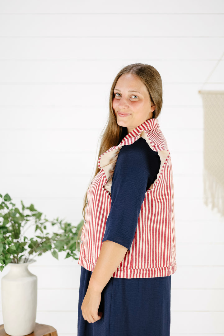 Kendra Ruffle Denim Vest- Red