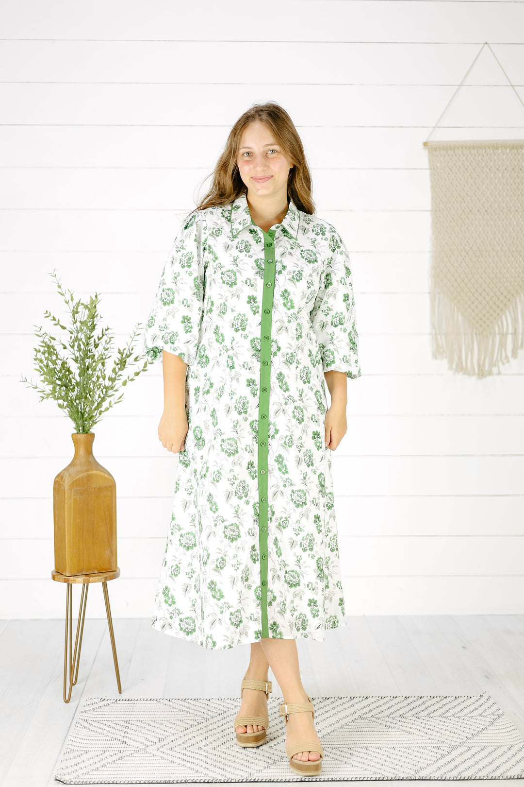 Magnolia Button Midi Dress- Green, Easter Dress, 3/4 Sleeves Modest Dress, Floral Dress 3X / Green Magnolia Button Midi Dress- Green, Easter Dress, 3/4 Sleeves Modest Dress, Floral Dress 3X / Green