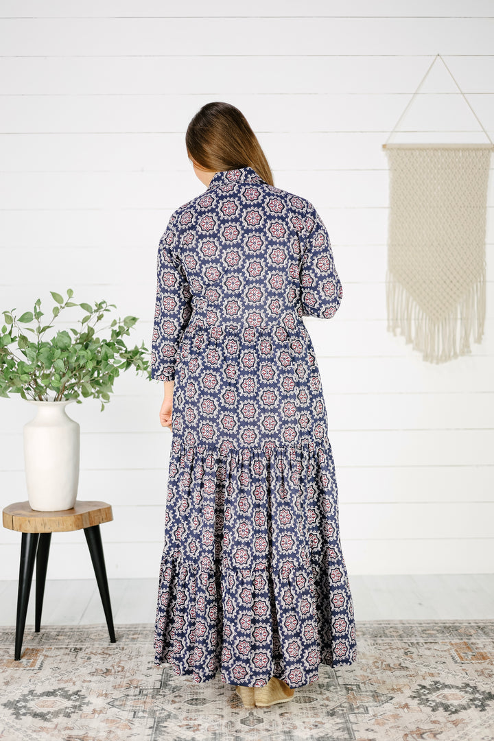 Jensen Hand Screen Printed Maxi Dress- Navy